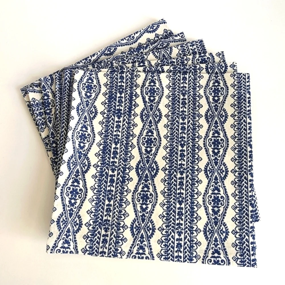 NWOT Set/ 6 Elrene Home Stripe Block Print Cotton Fabric Napkins Indigo, Natural